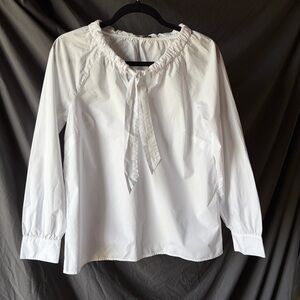 TALBOTS 100% Cotton White Blouse Tie Neck Button Sleeves Business Workwear S